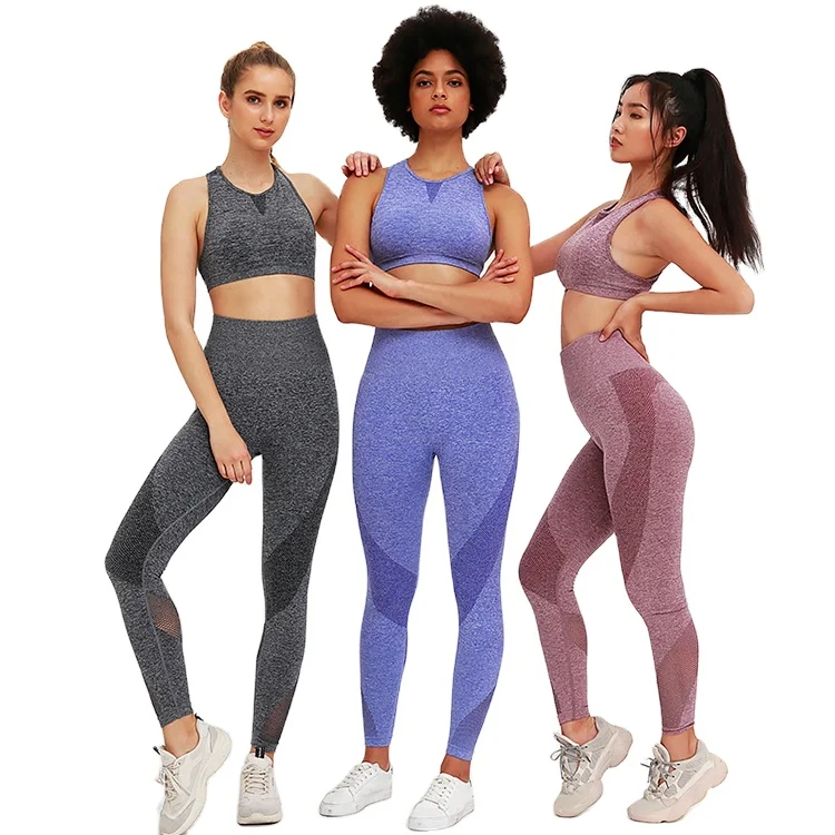 

BBZC118 3 colors seamless sports 2 piece shockproof bra high waist tight leggings fitness suit breathable female yoga set