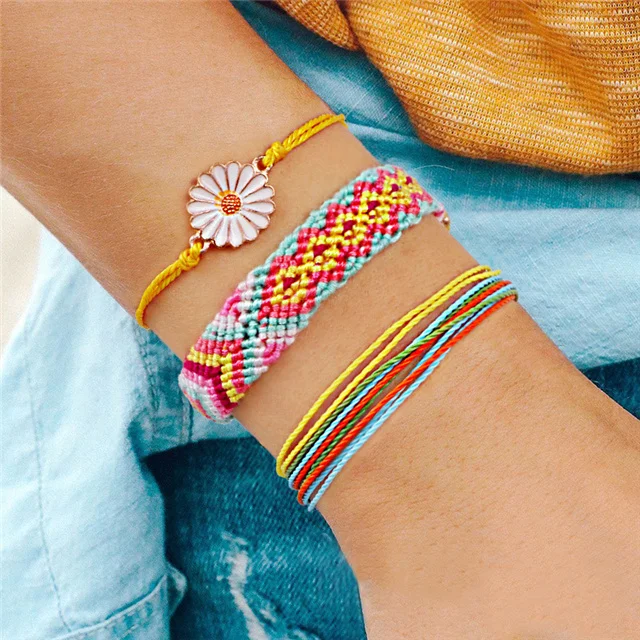 

Summer Bohemian Handmade Wax Thread Braided Daisy Flower Charm Friendship Bracelets Sets, Blue, colored