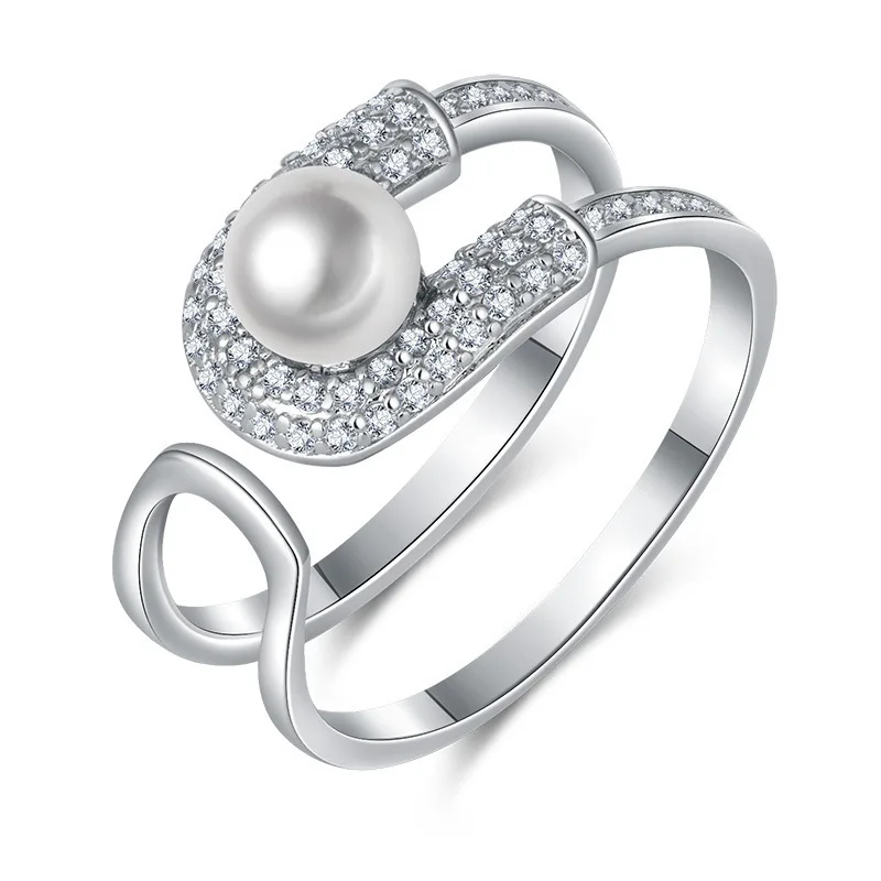 

Juhu Fashion Temperament Elegant Micro Inlaid Zircon Bow Pearl Opening Ring Female, As shown in the figure