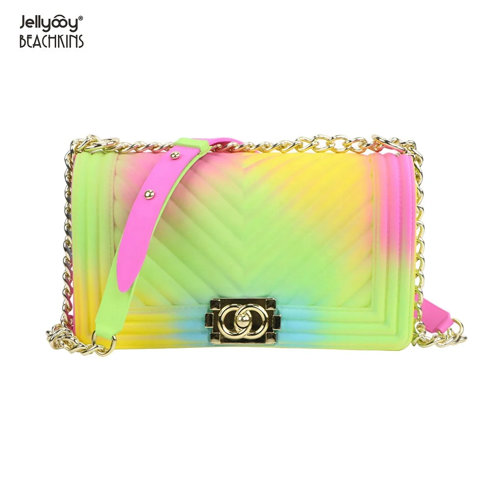 

Jellyooy BEACHKINS Rainbow Jelly Bag Matte PVC V Stripe Multicolor INS Chic Girl Colorful Large Jelly Purse Bags, 20 colors. accept make new colors.