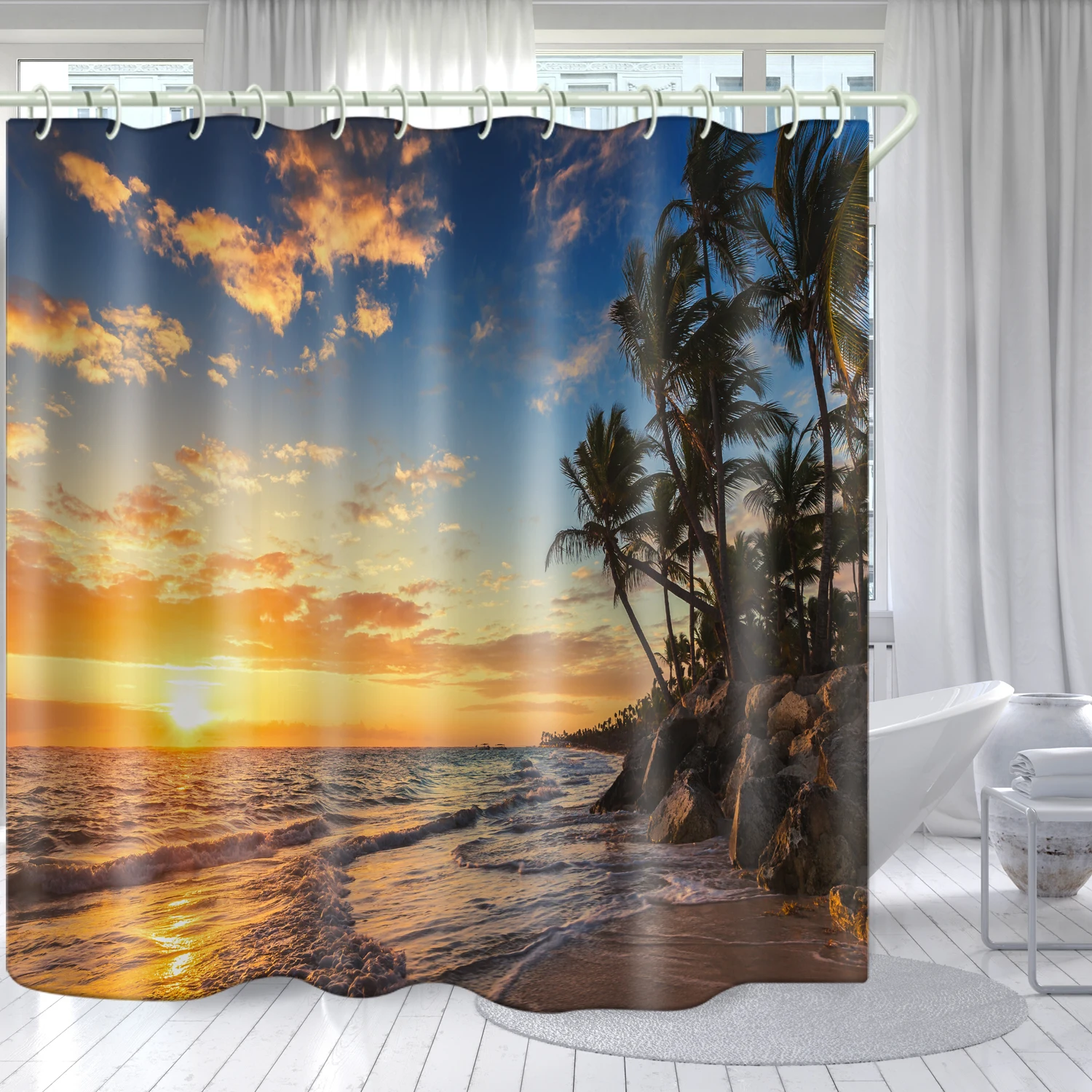 

Beach palm tree theme 3-5 days delivery bathroom waterproof shower curtain custom printed shower curtain decorative curtain, Picture