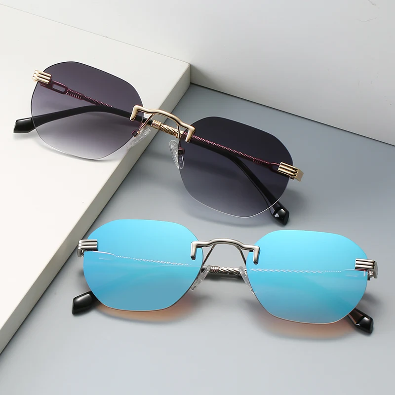 

3956 Men's and women's small frame Street hip hop fashionable New Retro color film rimless Rimless sunglasses