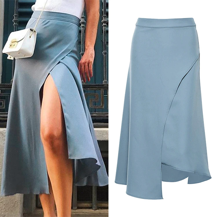 

2021 Fashion Women Outfit Women Clothing Blue Haze High Waist Skirt Office Lady Irregular Long Skirts Women
