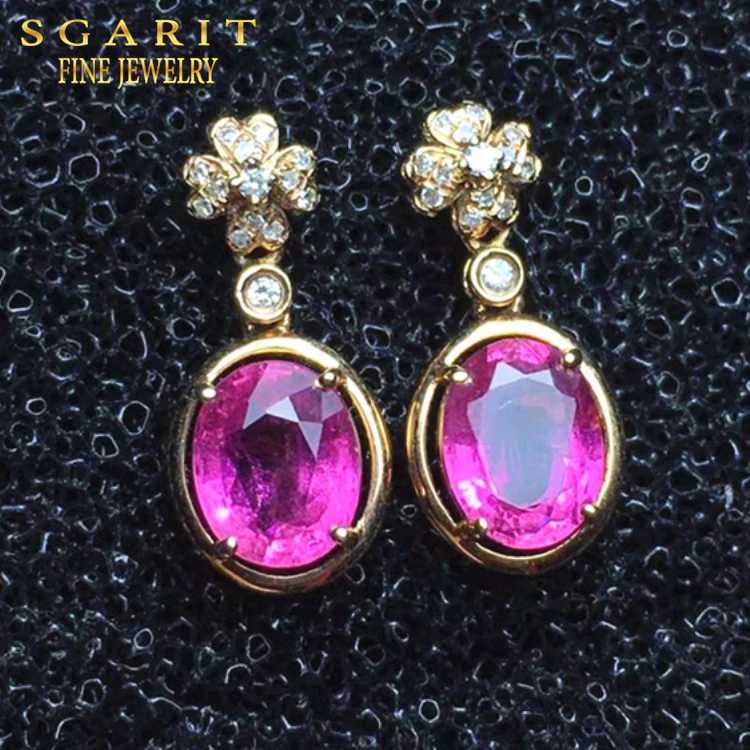 

SGARIT Wholesale Earring Women Jewelry 18k Gold High Quality Gemstone 1.85ct Natural Tourmaline Drop Earring, Pinkish-red