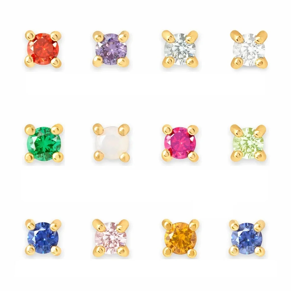 

925 Sterling Silver Colorful 4 Claws 12 Birth CZ Zirconia Stud Earrings Mini Style Silver Fashion Jewelry