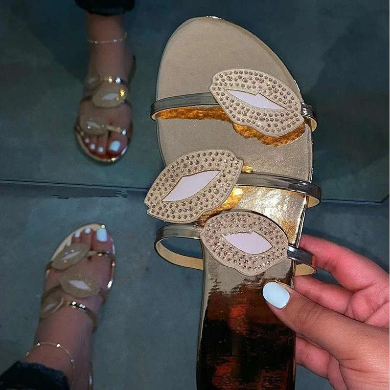 

New Fashion Design Wholesale Summer Comfortable Slipper For Women Flat Flip Flops Slides Red Lips Rhinestone Women's Sandals