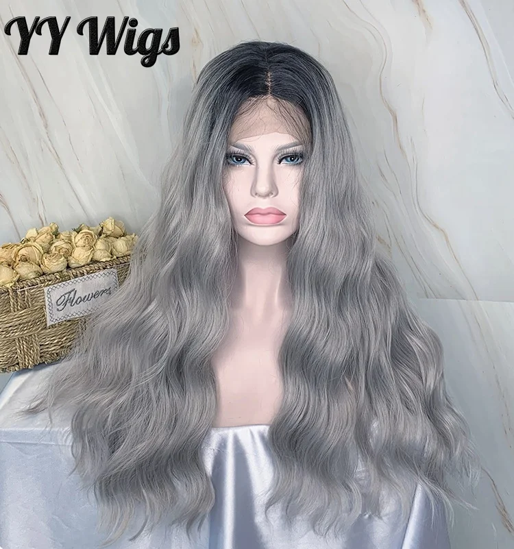 

Top Sell Long Body Wave Ombre Grey Lace Frontal Human Hair Blend Wigs for Black Women, Ombre grey(can acoording to your request)