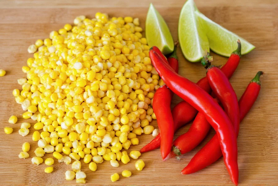Fresh yellow corn kernels and red jalapeño peppers arranged on wooden cutting board with lime wedges