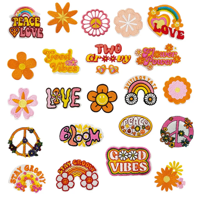 Iron on Embroidery Sun Flower Peace Sign Patch for Clothes Hat Decoration