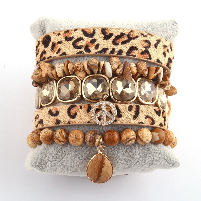 

Women Jewelry Elastic Natural Chip Stone Glass Crystal Pave Bracelets Leopard Horsetail Bangle Stretch Stack Bracelet Set