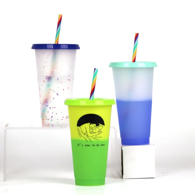 

BPA free Reusable PP temperature gradient 24oz plastic coffee tea color changing cup with lid and rainbow straw, Customized colors acceptable