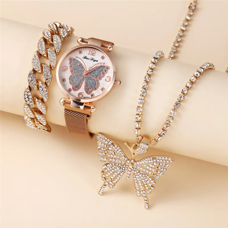 

Luxury 3 Pcs Romantic Butterfly Magnetic Mesh Belt Quartz Wrist Watches Bracelets Necklace Gift Jewelry Set For Lady Reloj Mujer