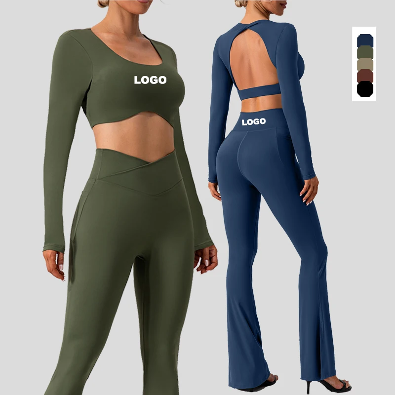 

2023 fitness workout open back Long sleeves Crop tops Sport Gym v-cut flares Sportswear 2 pcs Yoga Sets ropa de deporte