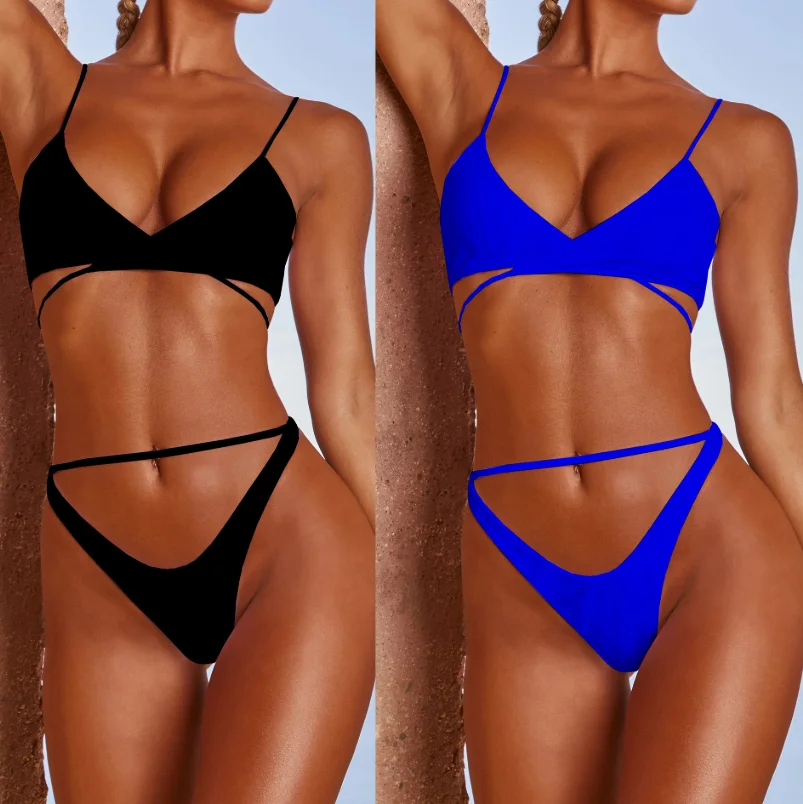 

Good Price Sexy Hot Girl Beach Amazon Solid Color Bandage Split Swimsuit Two Piece Bikini