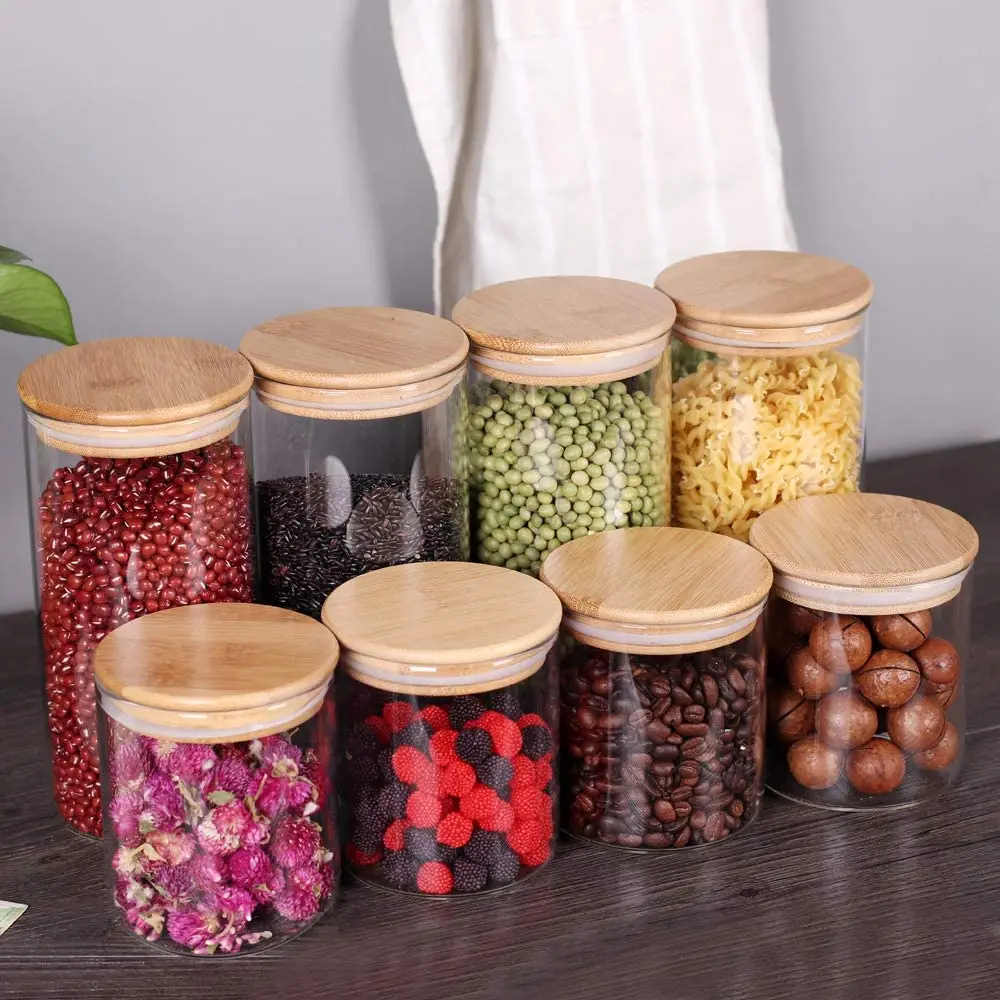 

Glass jars with Bamboo Lids Kitchen Canisters for Flour Sugar Coffee Bathroom and Pantry Organization Ideal