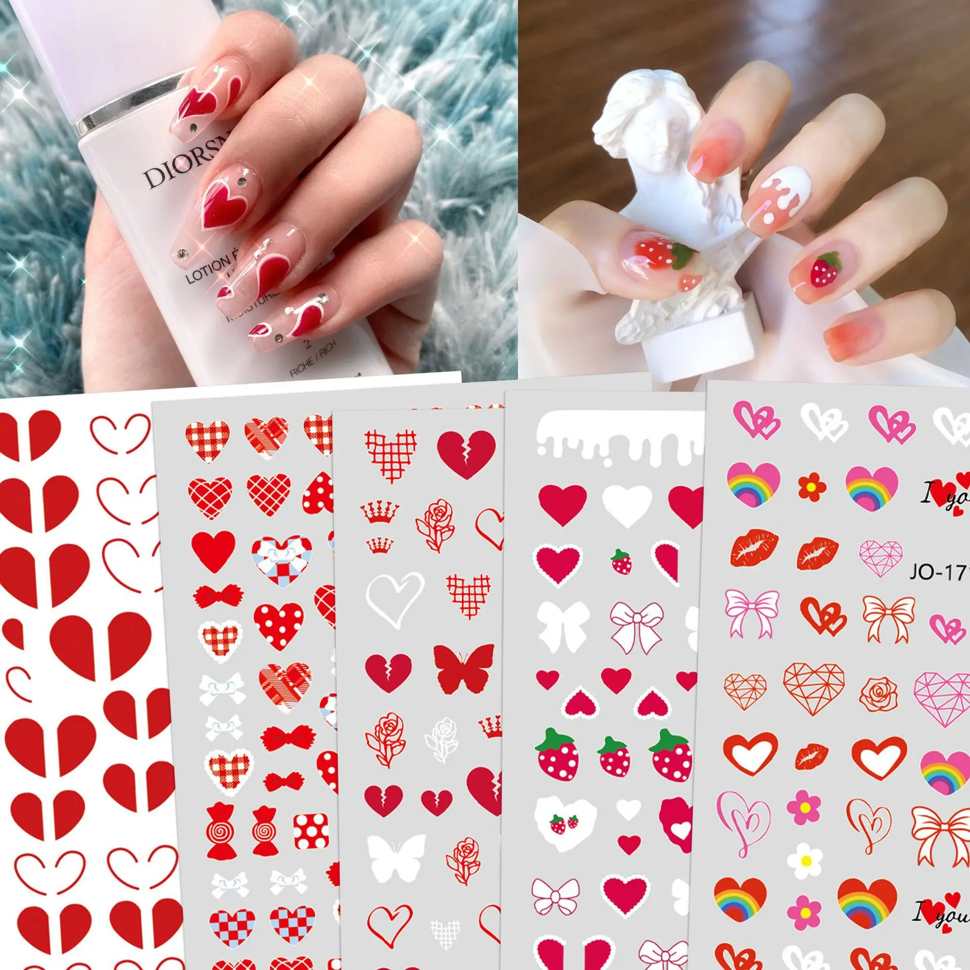 

Hot Sale Nail art Stickers Decal Lovely Cartoon Lover Letter Cute Red Heart Lips Sliders Designs Manicure Decor Decals, As picture show