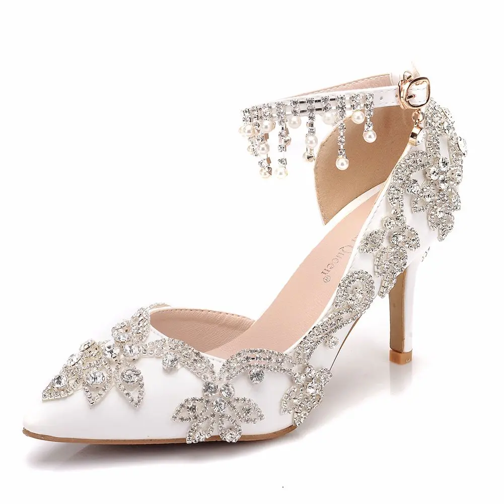 

8cm Beaded Rhinestone Thin Heel Pointed Toe Comfort Rubber Sole White Tassel Sandals Women High Heel Shoes Dress Shoes Pumps