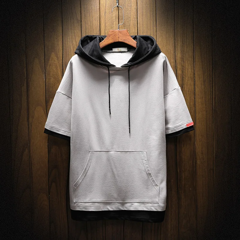 

Blank Hoodies Pullovers For Wholesale Mens Clothes Summer Short Sleeve Front Pocket Cotton Terry French Hooded Sweatshirt, Black, white or customized