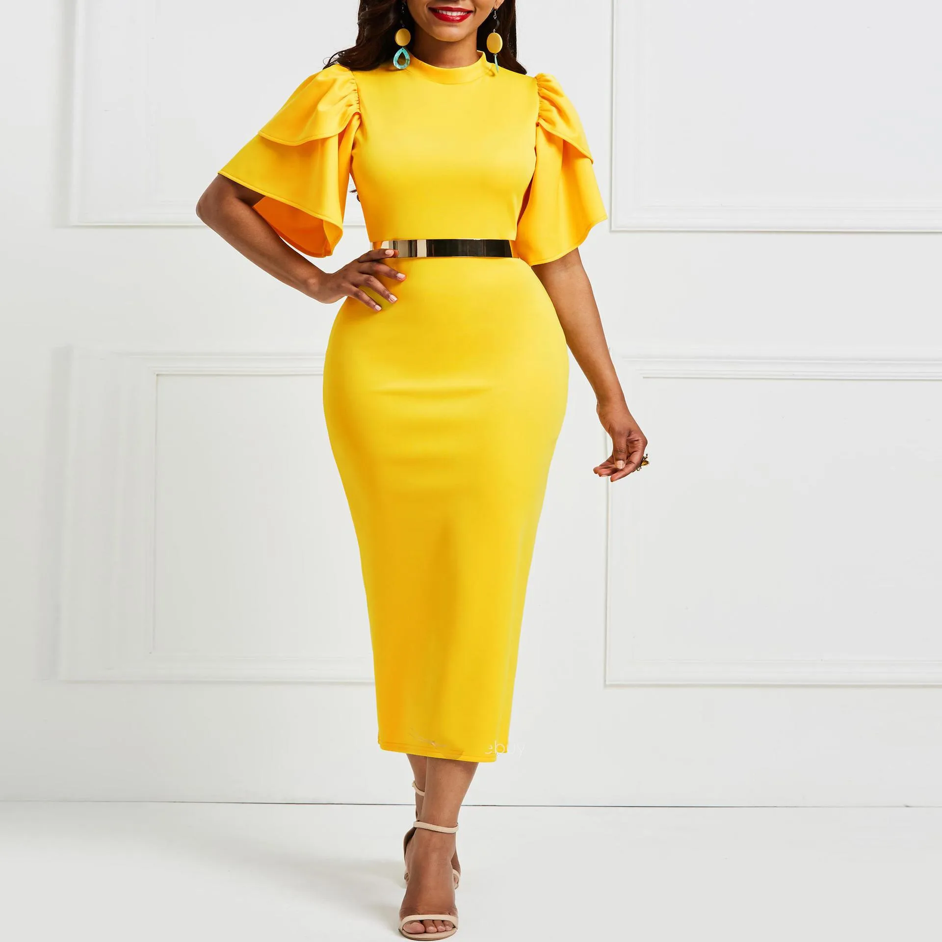 

Slim Pencil Ruffle Half Sleeve Yellow Mid-calf Career Dresses For Lady, Yellow, purple,blue