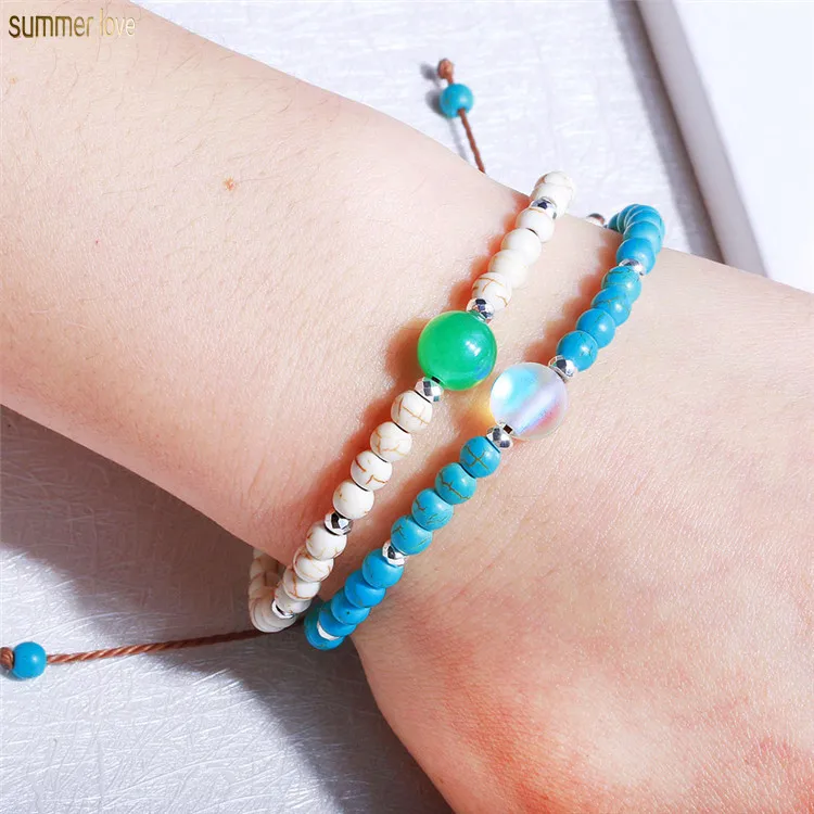 

Handmade Bohemia Women 4mm Turquoise Braided Rope Friendship Love Lucky Bead Bracelet Jewelry, White, blue