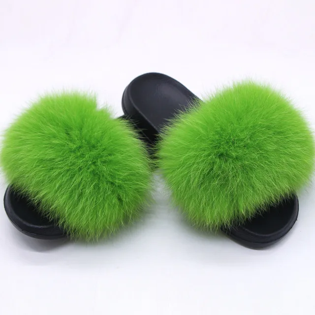 

Women's Faux Fur Slippers Fuzzy Flat Spa Fluffy Open Toe House Shoes Indoor Outdoor Slip on Memory Foam Slide Sandals, As photo