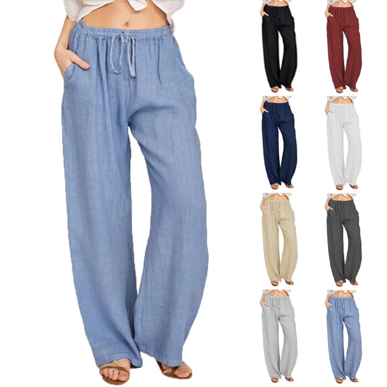 

Pants Solid Cotton Linen Drawstring Women Promotional Full Length Top Quality Casual Yoga Loose Women's Trousers, Black - green - gray
