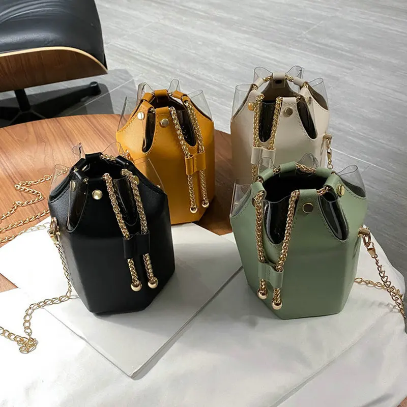 

Wholesale Cute Splice Pvc Pu Chain Purse Crossbody Women Bucket Bag Handbags With Drawstring