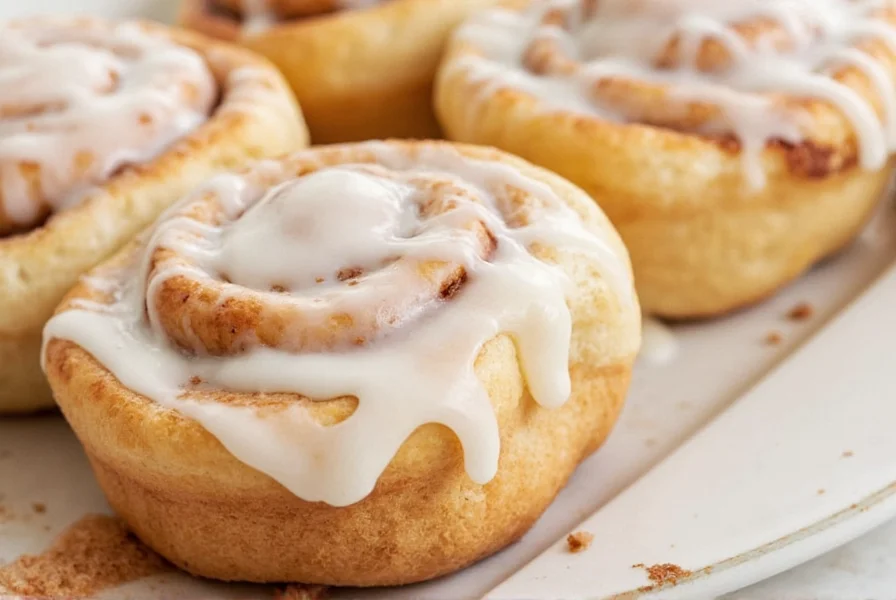 Finished cinnamon rolls with perfect creamy icing drizzled on top