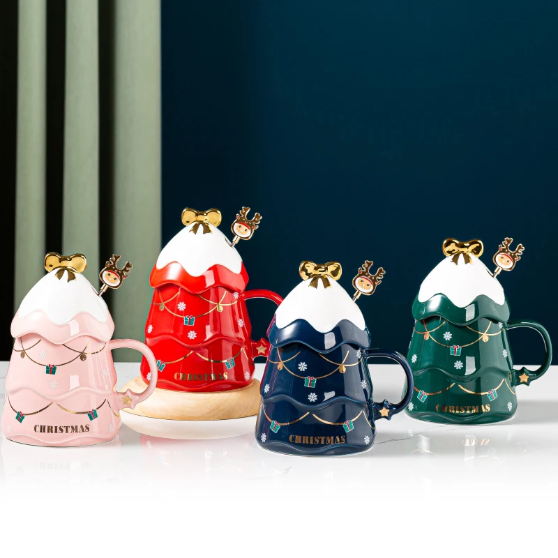 

Flypeak new design 500ml santa porcelain gift mug Christmas ceramic coffee cup mug santa mug cup with lid and spoon, Customized color
