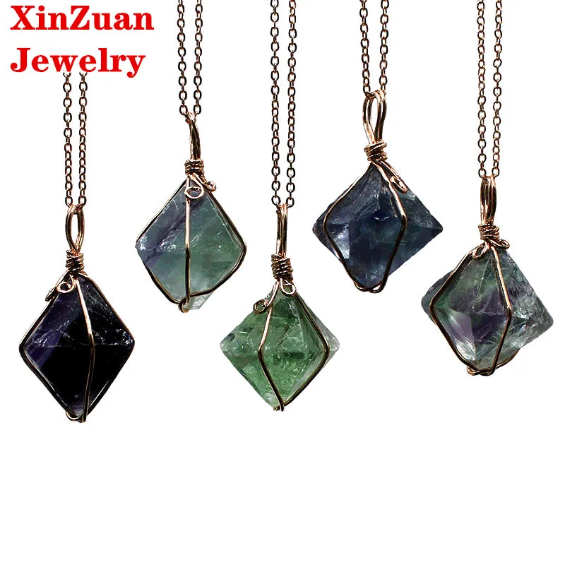 

Natural Fluorite Pendant Colored Firefly Handmade Jewelry Colorful Gem Pendant Octahedral Thread Electroplating DIY Necklace, Purple/green