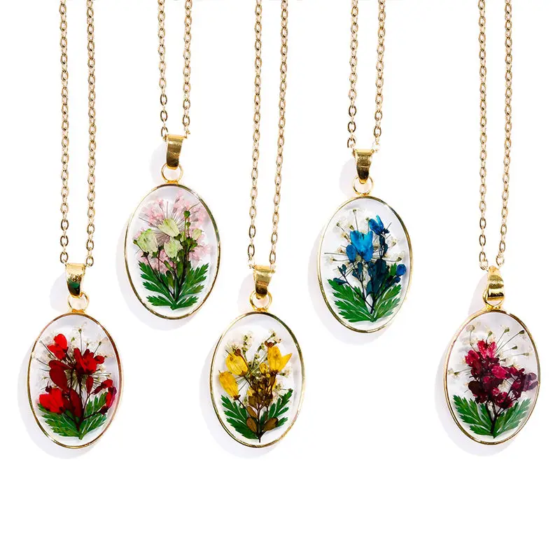 Factory Direct Women Design Real Dried Flower Jewelry Stainless Steel Resin Dried Flower Necklace