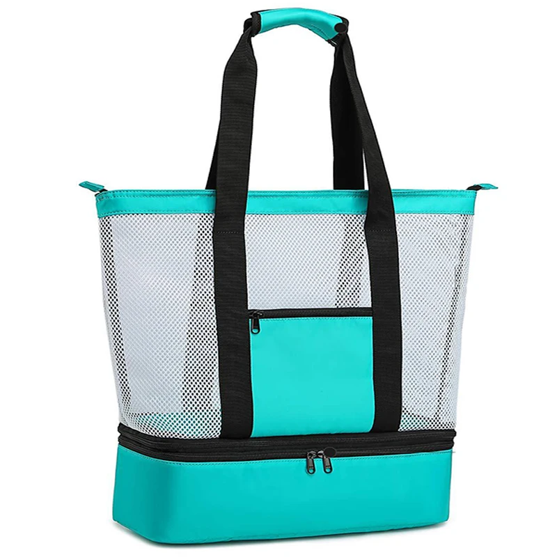 

Custom handbags picnic beach mesh tote bag Detachable Zippered Insulated Cooler Bag Mesh Beach Cooler Tote Bag