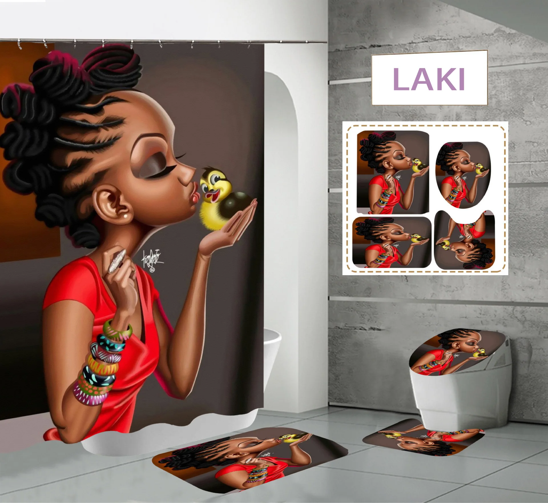 

LAKI Fabric Shower Curtains African Black Girl with Duck Polyester Designer Cloth 3D Print Bathroom Curtains, Customized color