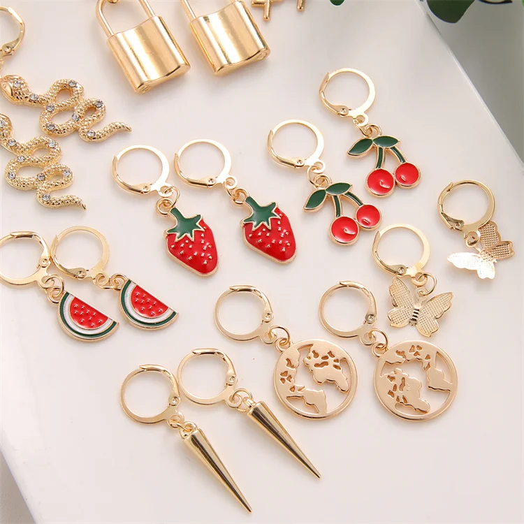 

Hot Sale Colorful Fruit Strawberry Drop Charm Hoop Earrings Set Gold Huggie Earring For Women Party Jewelry