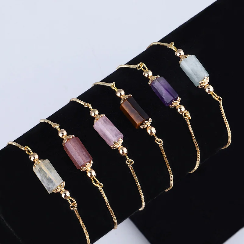 Adjustable 18k Gold plated Chain Bracelet Dainty Single Gemstone crystal Cylinder Charm Bracelet women