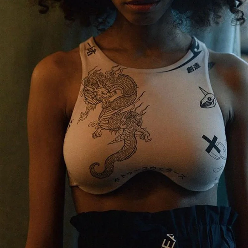 

2021 New Streetwear Women Summer Chinese Style Dragon Printed Sleeveless Off Shoulder Casual Tank Tops Vest
