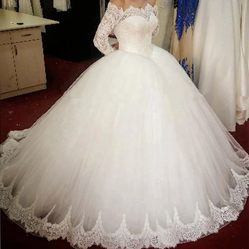 

Off-shoulder Boat Neck Long Sleeve Lace Appliques Wedding Dress Bridal Ball Gown, White