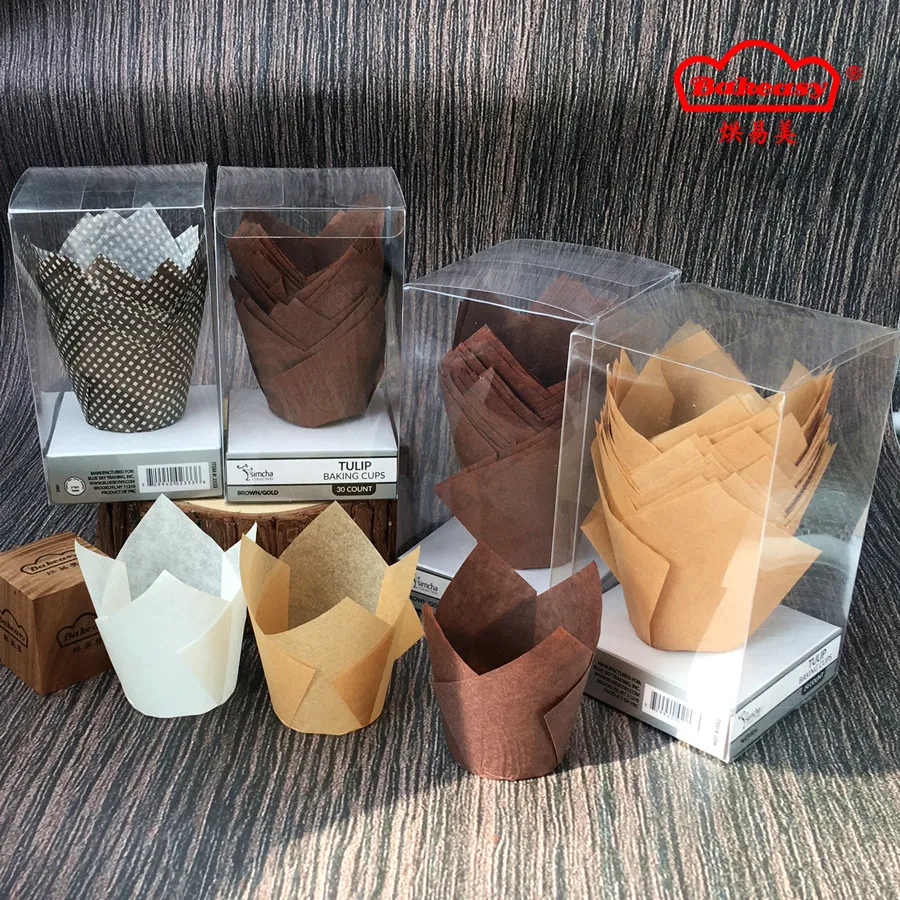 

100pcs PVC Box Packaging Tulip Cupcake Baking Cups Muffin Liners Holders, Rustic Cupcake Wrapper Brown White and Nature Color