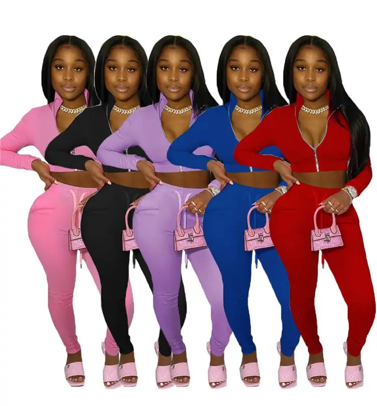 

W8734 plus size women clothing sport jogger set skinny two piece jogger set