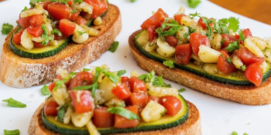Assorted zucchini bruschetta with different spice toppings arranged on a platter