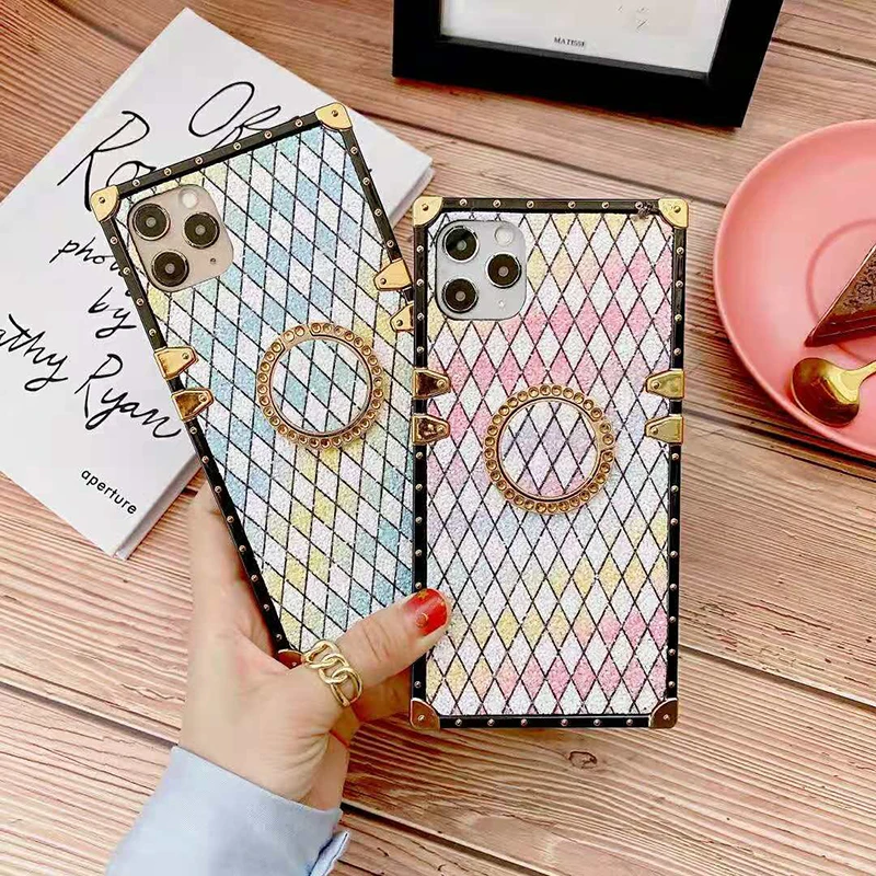 

Luxury Glitter Square Geometric Lattice Phone Case For Samsung S20 S10 S9 Plus Note20 A50 A71 J4 Fashion Back Cover Ring Bracket