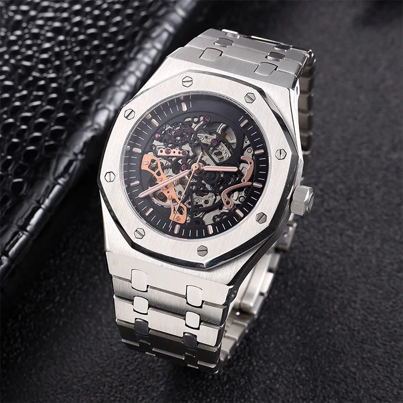 

3a custom luxury automatic watch movement men's hollow case back 316L stainless steel watch skeleton watch