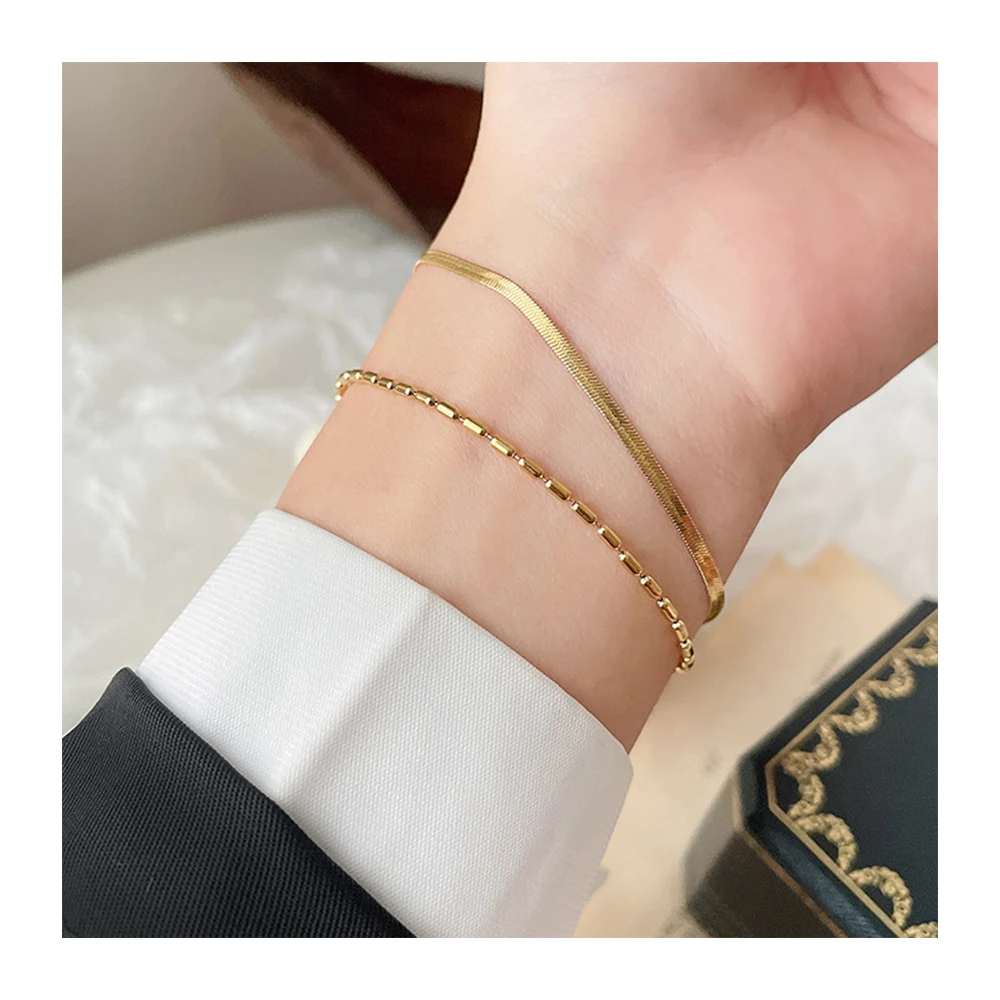 YF3060 Waterproof Jewelry Minimalist 18k Gold Plated Stainless Steel Double Layer Small Rice Beaded Flat Snake Chain Bracelets