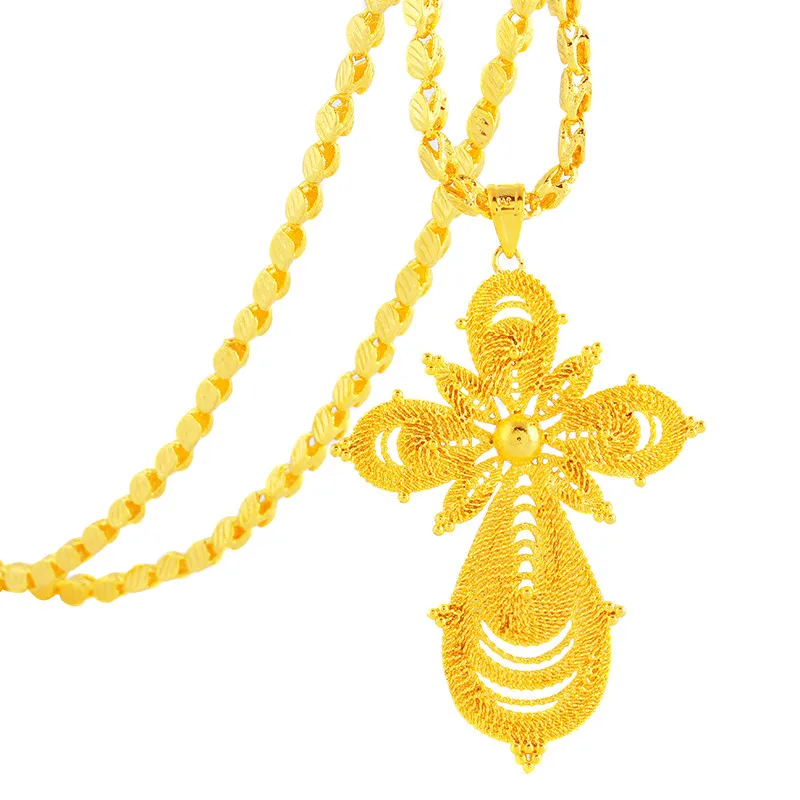 

Ethlyn Wholesale Religion Classic High Quality Ethiopian Gold Big Cross Pendant Necklaces for Women/Men Eritrea Items P96