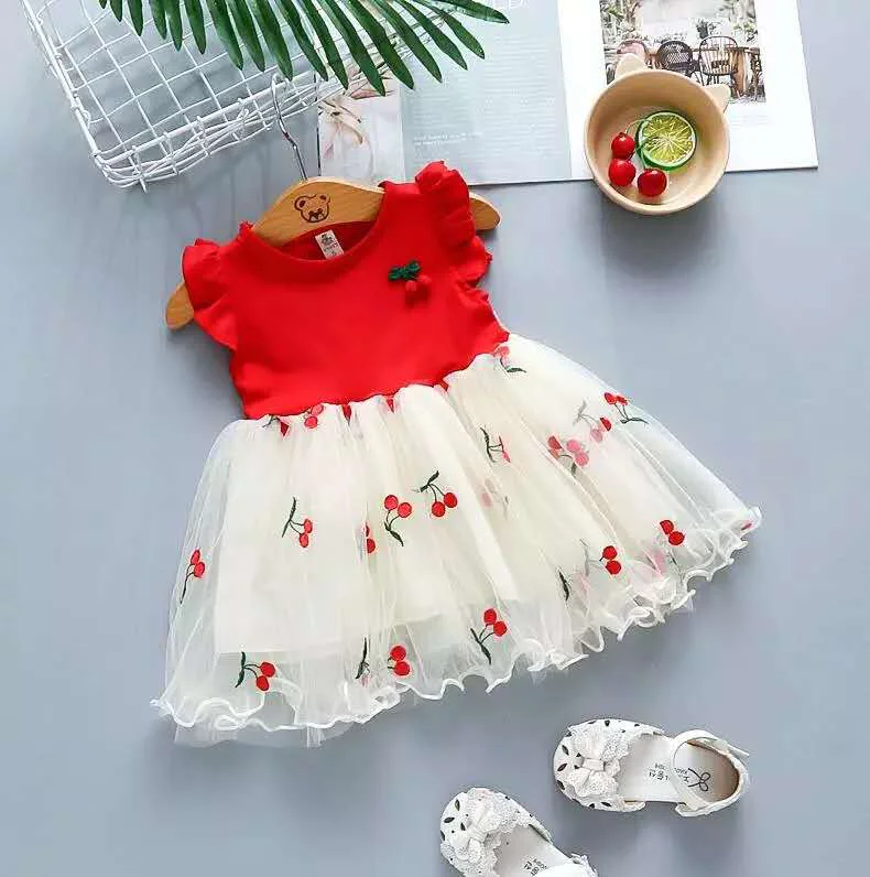 

Summer Baby Girl Clothes Short-sleeved sweet dress small cherry embroidery mesh dress girl princess Tutu Dress