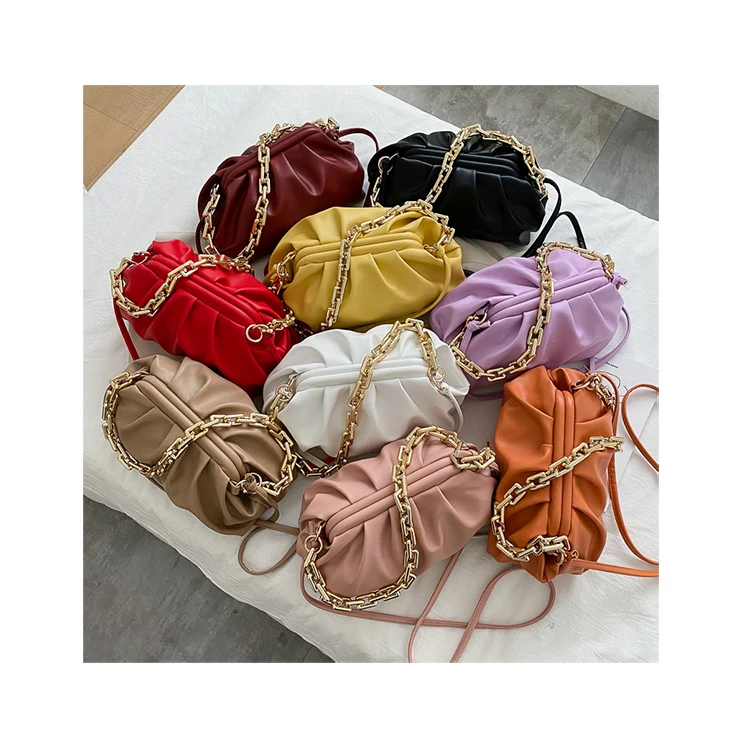 

Candy Color Wrinkled Cloud Handbags For Women Thick Chain Crossbody Bag Soft PU Leather Shoulder Underarm Bags Pleated Bolsa Sac