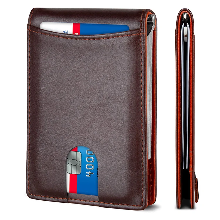 

2021 Hot Selling OEM Customized Pull Tab Rfid Blocking Genuine Leather Men Slim Leather Money Clip Wallet