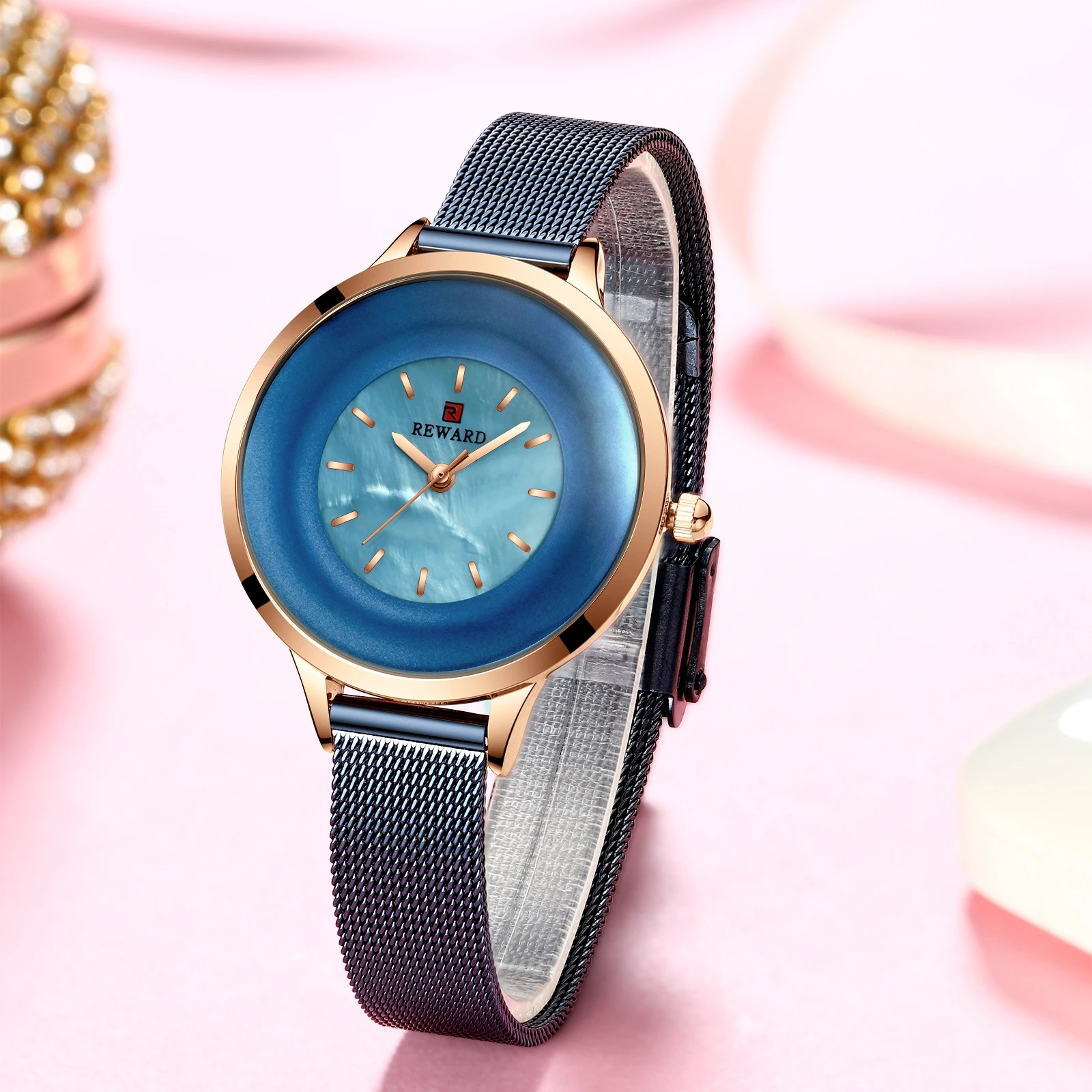 

Female lady Watches Ultra-thin Waterproof Women Watch Mesh Strap Blue Ladies Watch