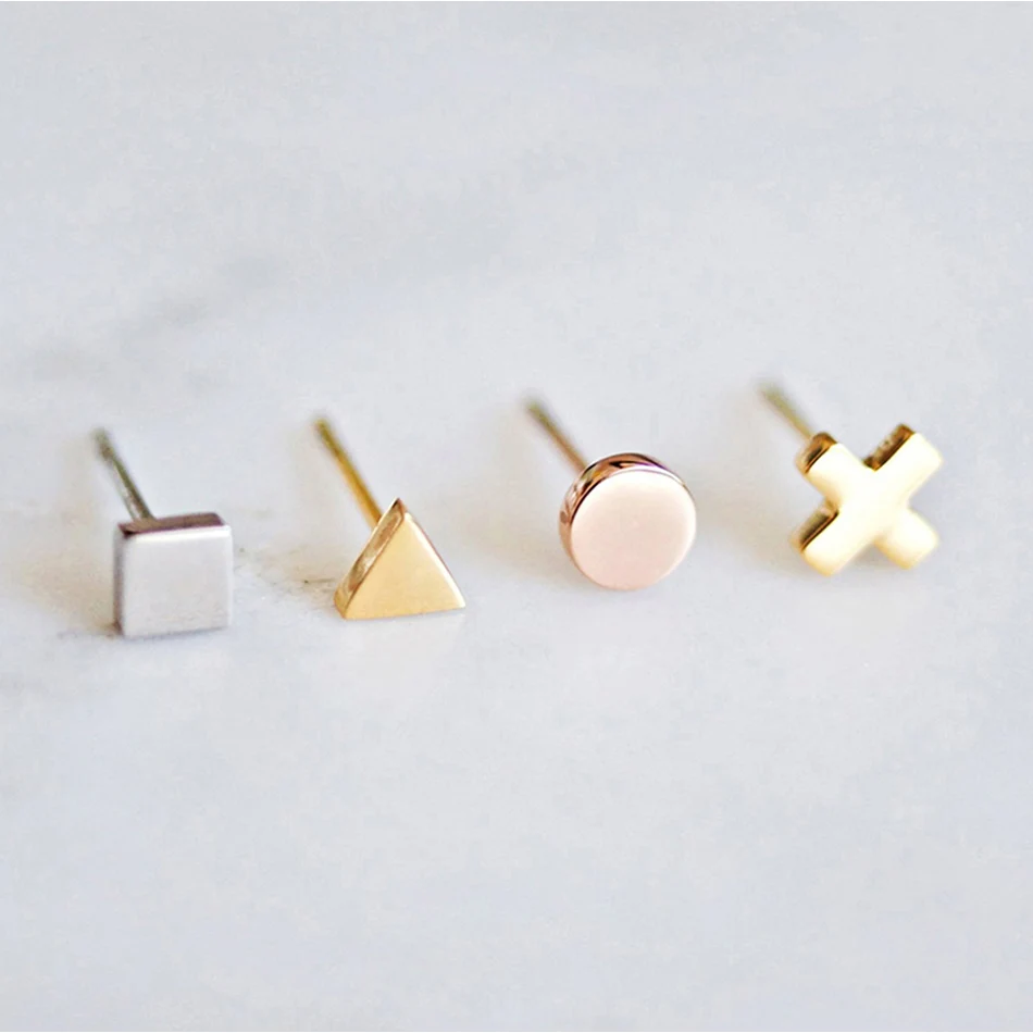 

Minimalist Ear Silver Gold color 4MM Square Round Triangle Cross Heart Shape Stainless Steel Stud Earrings, Rose gold/14k gold/silver