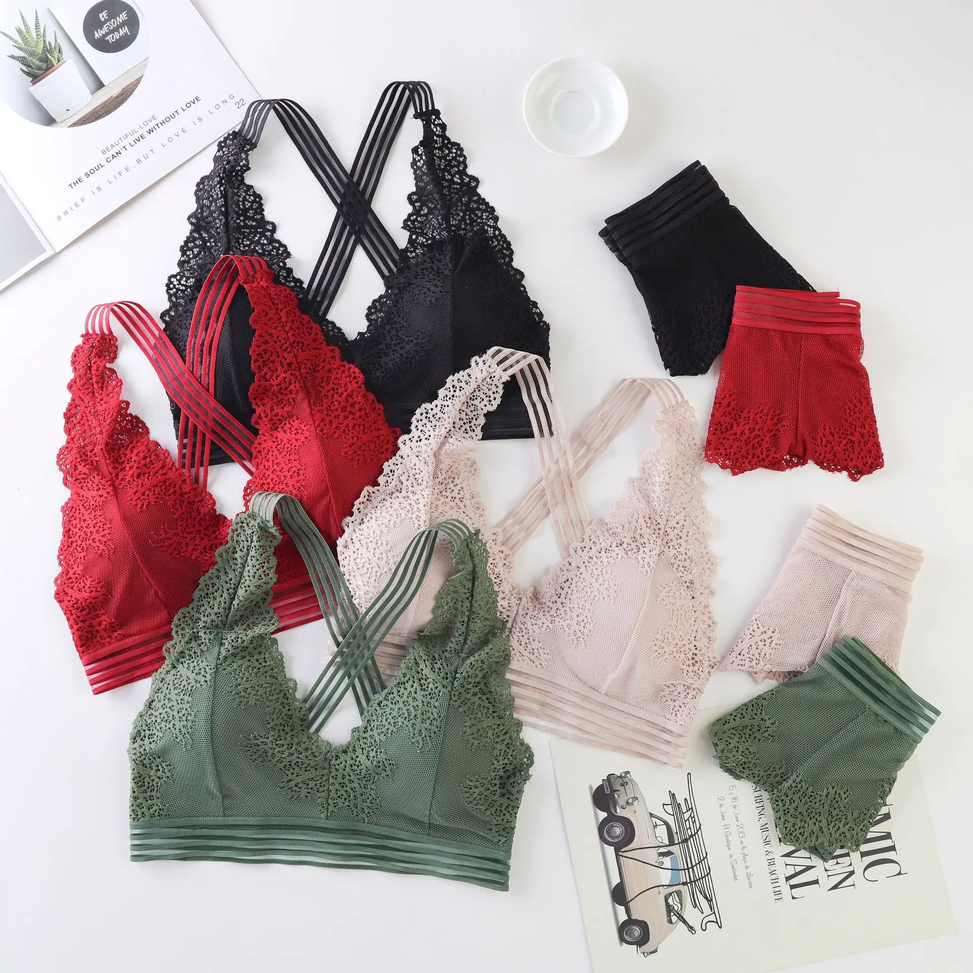 

Deep V neck lace bra panty set fashion embroidery lace triangle bralette brief set wireless bra with removable pads